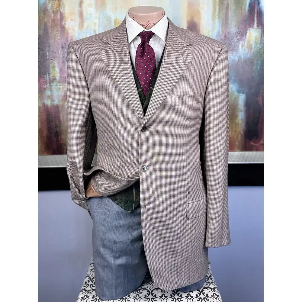 Brioni Nomentano Blazer 44L Cashmere Silk Cream Orange Houndstooth Sport Coat
